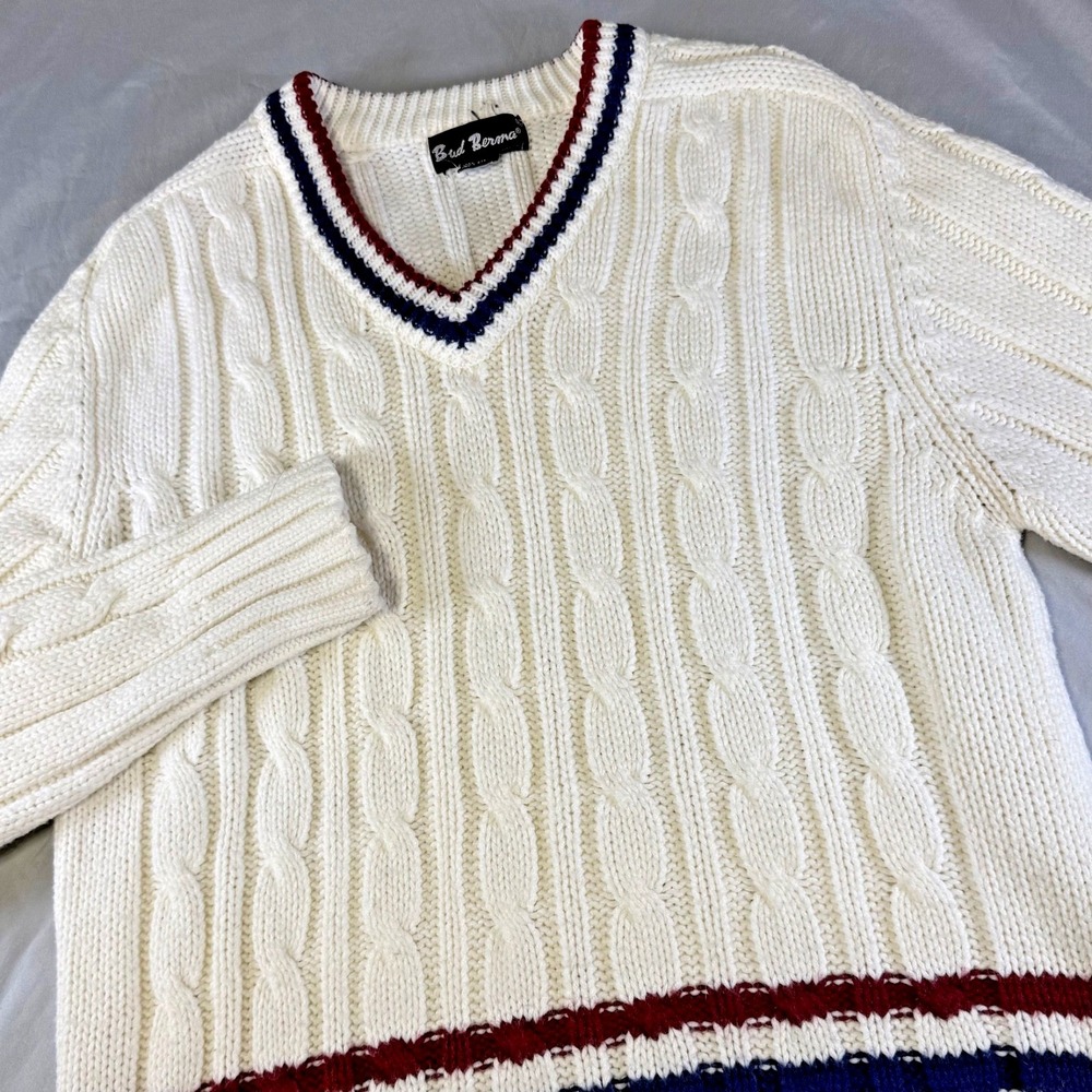 Vintage Bud Berma Tennis Cricket Sweater White Cable Knit V-Neck Men's Size XL